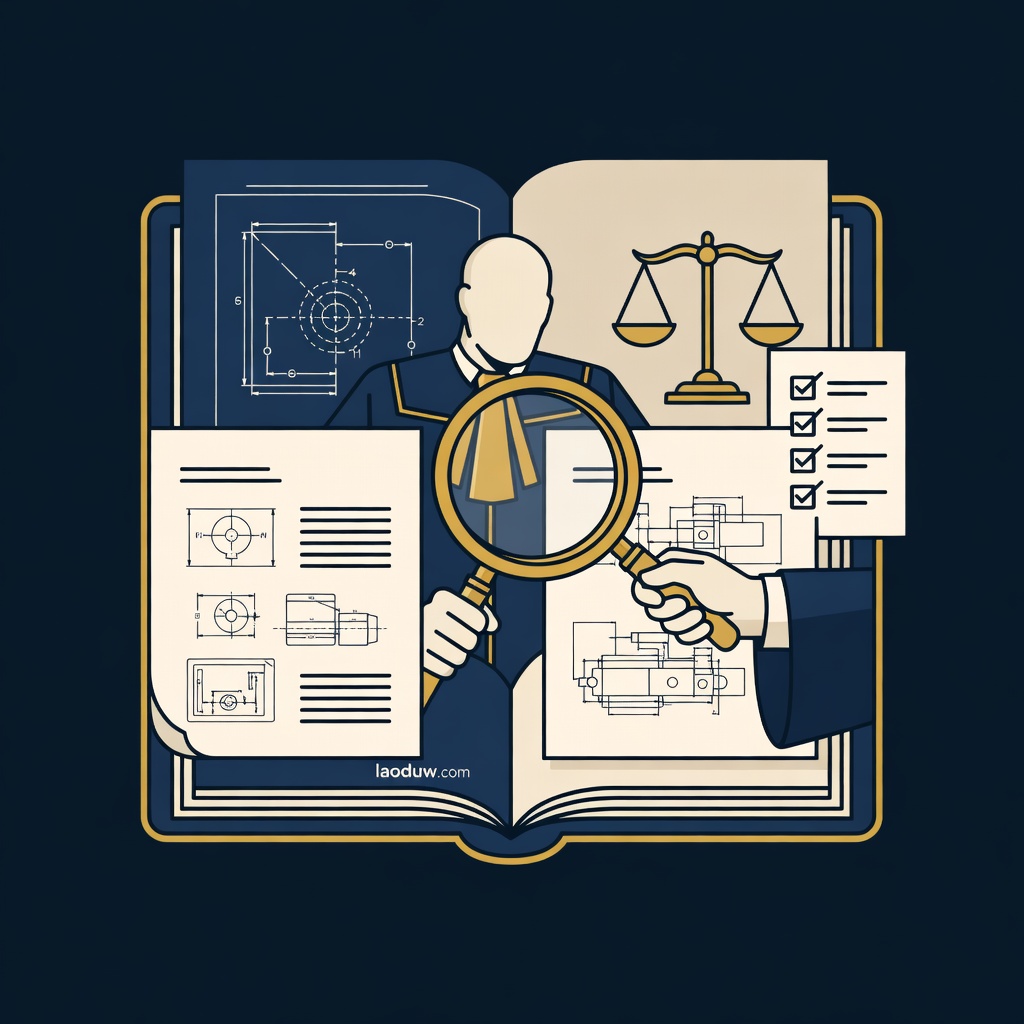 怎么判断产品是否构成专利侵权:金色线稿律师持放大镜对照技术文档与产品蓝图逐特征比对,无标题无数字